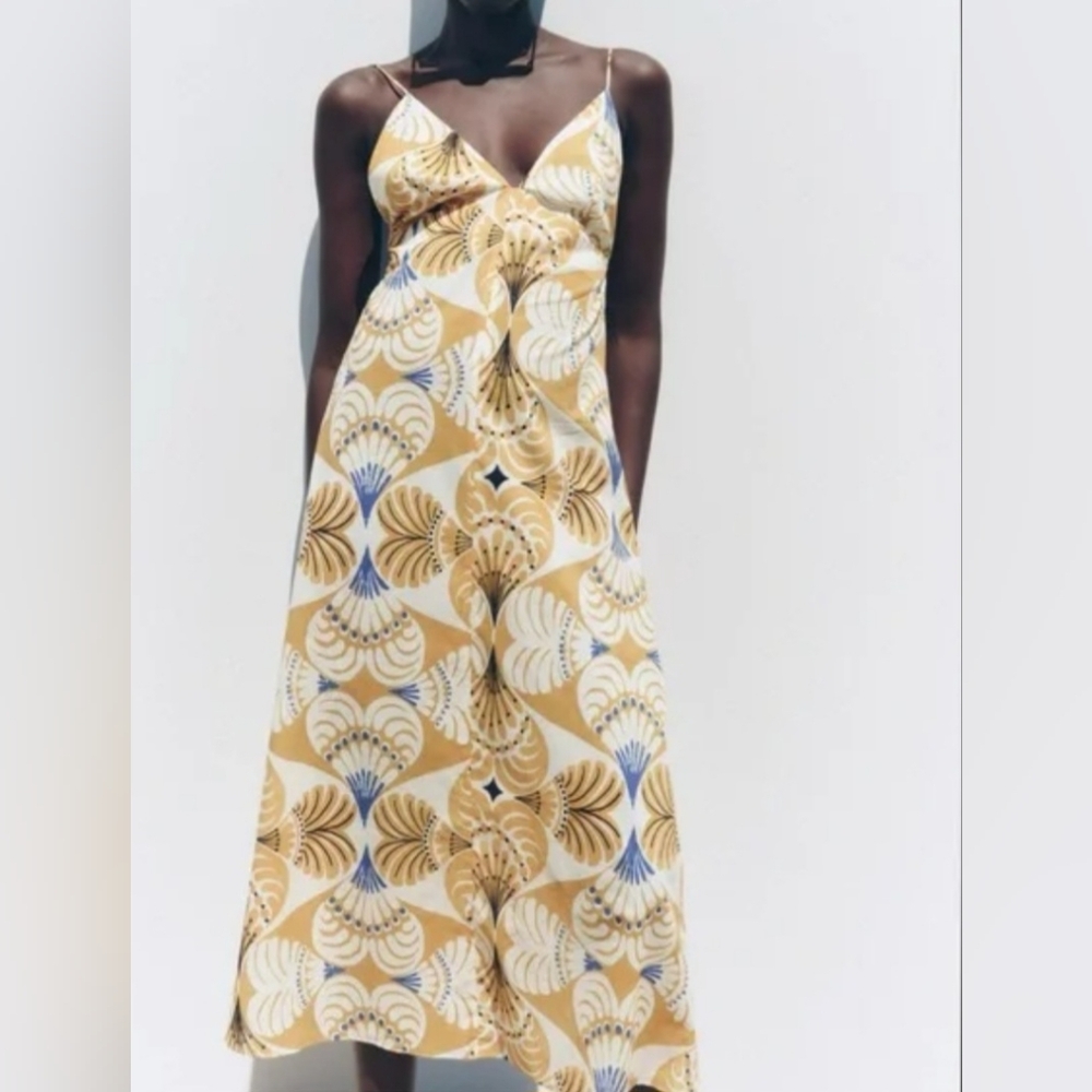 Zara Yellow Midi Dress Bohemian/Tropical, Size M